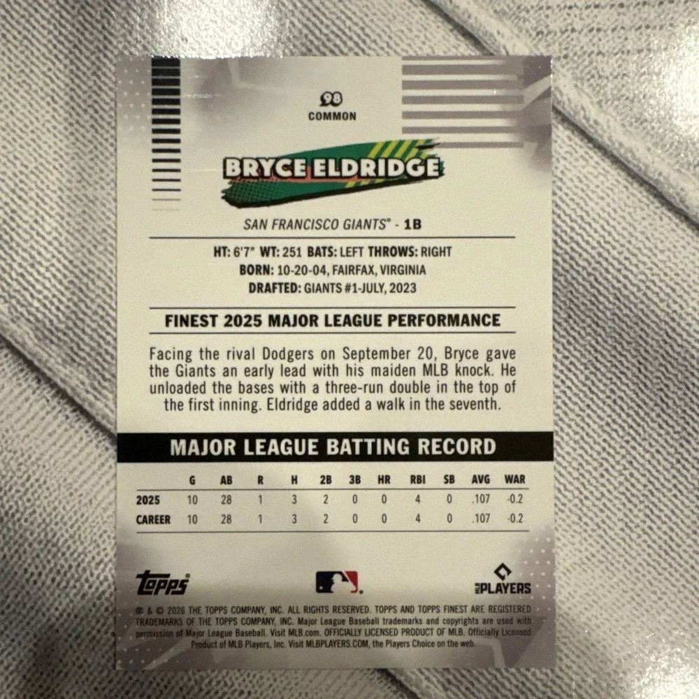 Topps 2026 Finest Rookie Bryce Eldridge #98 San Francisco Giants